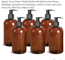 16oz Empty Plastic Bottles Amber 6 pcs with Lotion Pump or Shampoo, Lotions