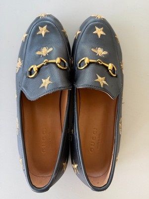 Gucci Black Leather Gold Ace Embroidered Bee Jordaan Designer Loafers Size 39