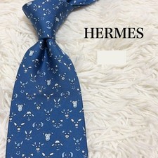 HERMES Neck Tie New Unused Blue Animal Print 100 Silk Made in France