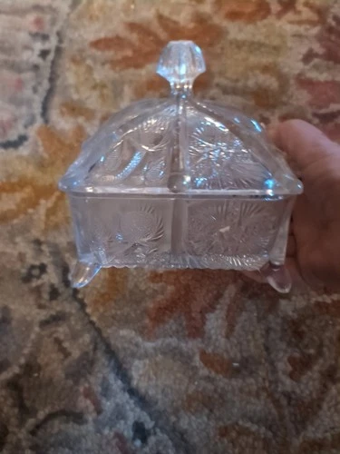 Vintage Delta LGWright/Higbee Glass ?Thistle Paneled 4 Toed & Lidded Honey Dish