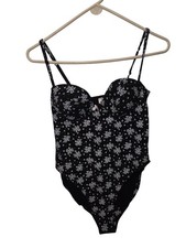 Vtg Victorias Secret Black White Floral Bodysuit Gold Label Size L