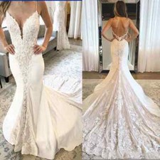 Sexy Mermaid Wedding Dresses Lace Applique Deep V Neck Bridal Gowns Backless