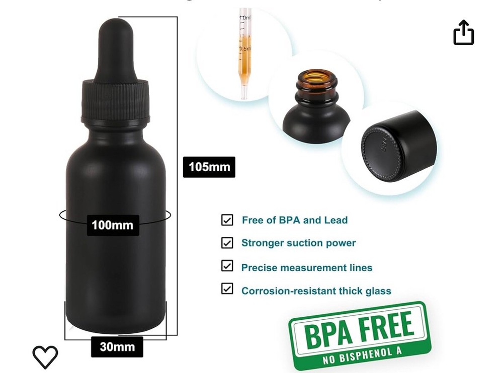 Amber Glass Frosted Black Bottle 30mL Dropper Tincture Oil  12 Pack