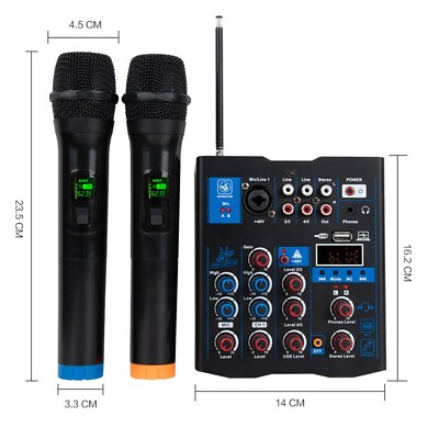 Professioneller Audio Mixer mit Dual Wireless Mikrofon, Sound Board Konsole System