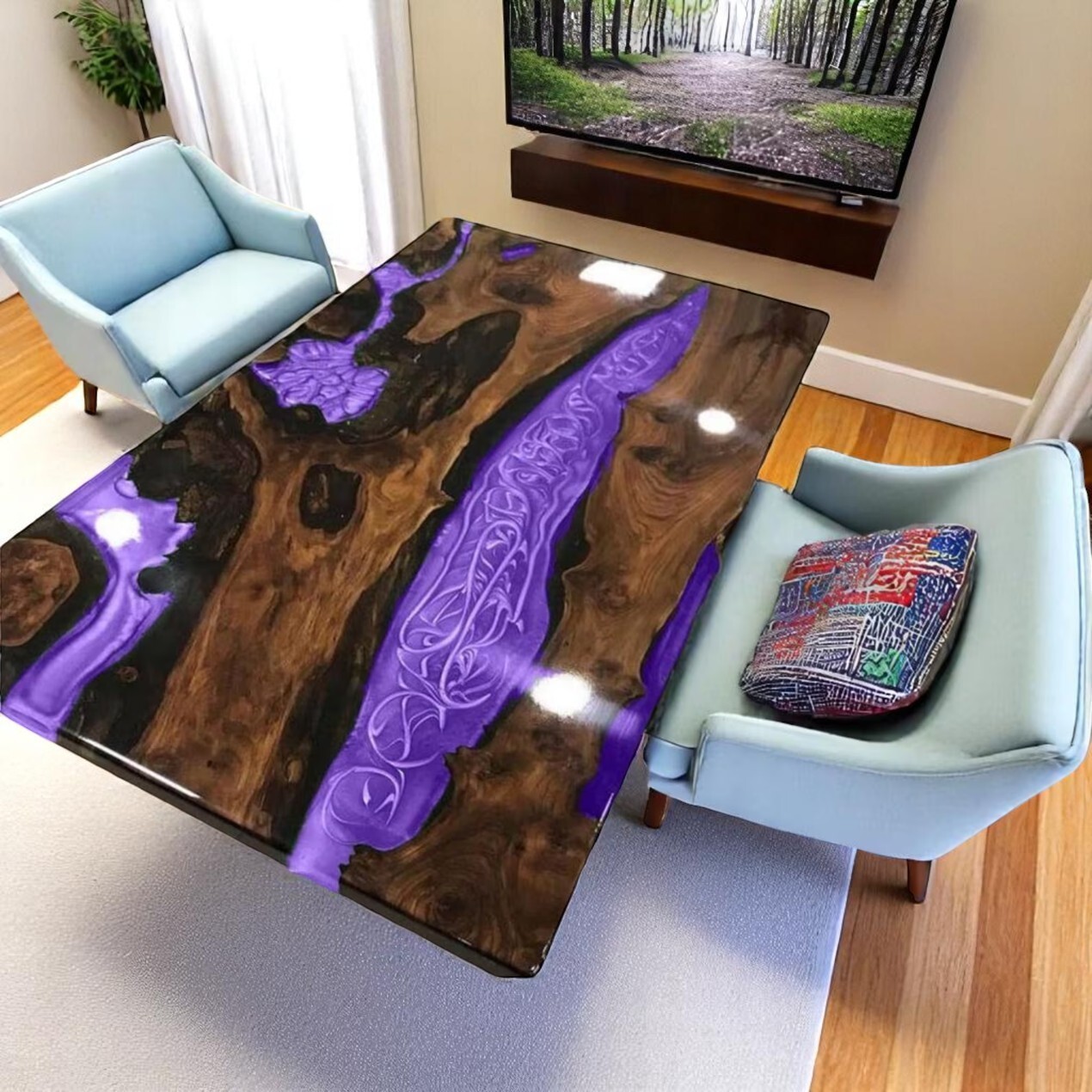 60x30 Purple Epoxy Resin Sofa Center Table Handmade Dining Table for Hotel Decor