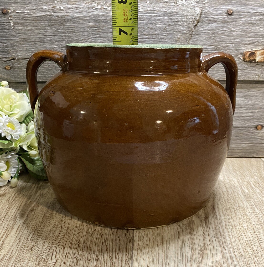 9” Vintage Bean Crock without Lid Brown Glaze 7” Height Double