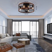 Ceiling Fan Light Retro Round Ceiling Fan Indoor Ceiling Light W/ Remote Control