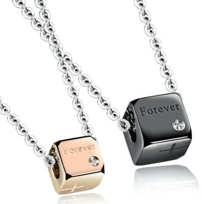 Stainless Steel Be With You Forever CZ Couple Block Pendant & Necklace