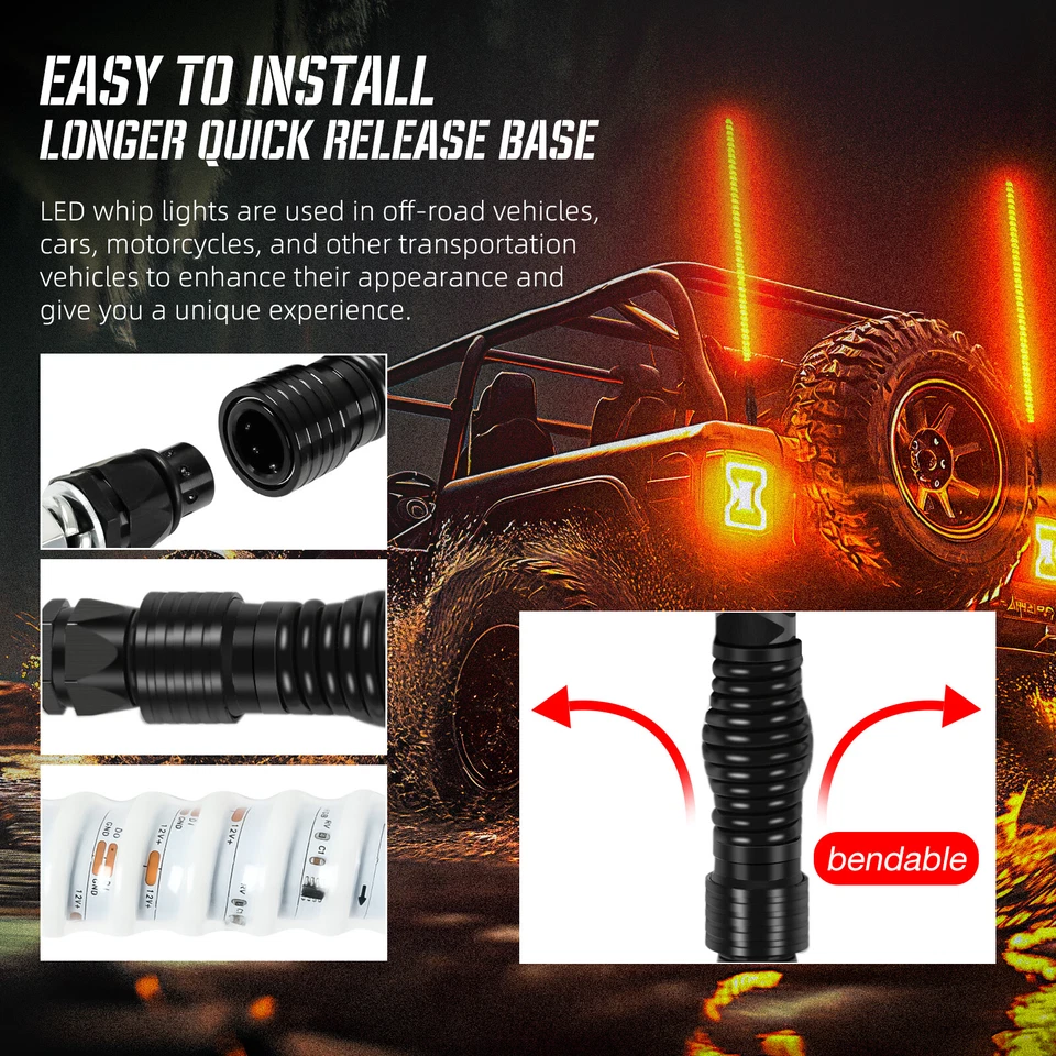 2PCS 3FT COB Spiral RGB LED Whip Light Antenna Chasing For Can-am X3 RZR UTV ATV - Image 4 of 4