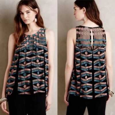 Anthropologie Akemi + Kin Kalila Embroidered Tank Black Sheer Size Medium