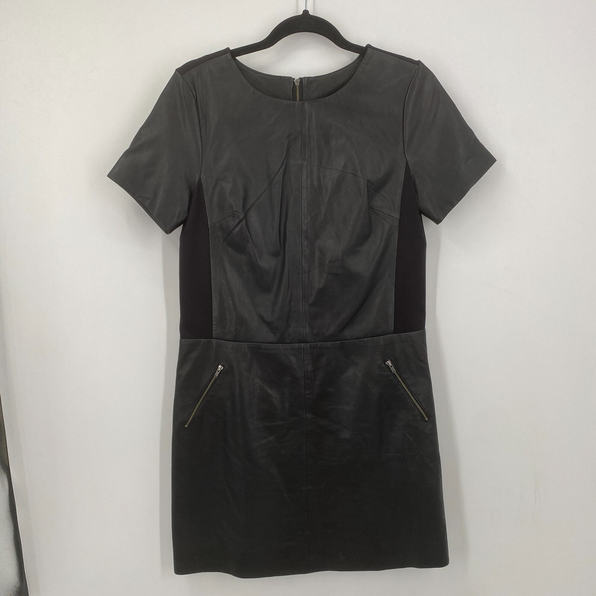 Halogen Leather Ponte Knit Shift Dress Womens Small Pockets Exposed Zipper  EUC