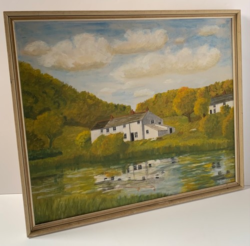VINTAGE LANDSCAPE OIL PAINTING HOUSE BY RIVER FIELDS CORNWALL SIGNED R CHARLES - Picture 17 of 24