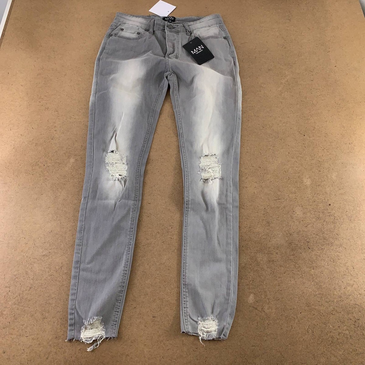 Boohooman Mens Slim Skinny Jeans Gray Distressed Faded Denim 32 x