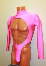 Men Thong Leotard 159-06 Long Sleeves High Collar Open Front Pimk Spandex Size M