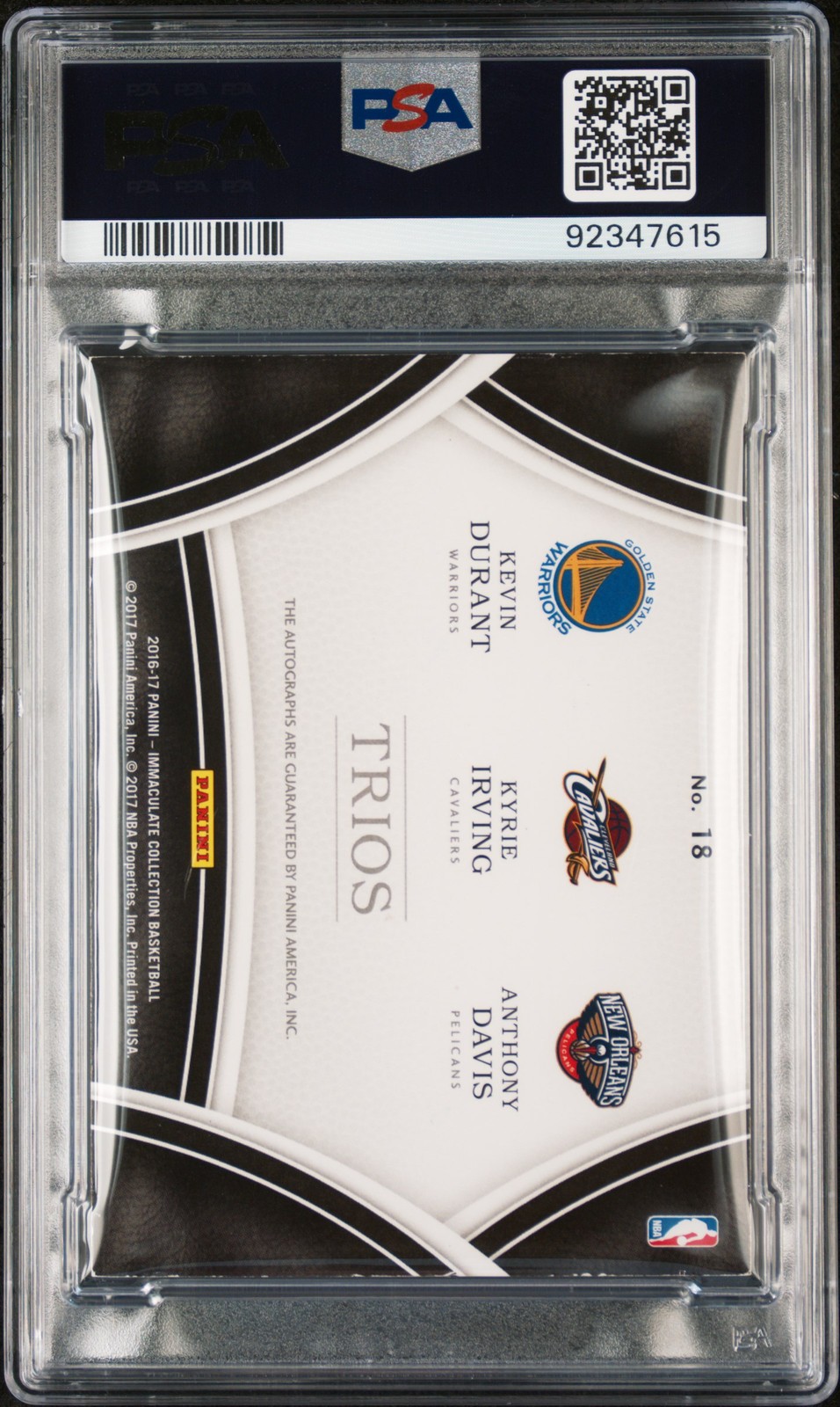 2016 #18 ANTHONY DAVIS/KEVIN DURANT/KYRIE IRVING 5/25 PSA 6 AUTO view 2