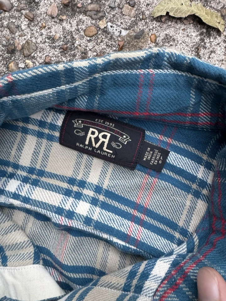 #1 MENSWEAR RRL Doble RL Ralph Lauren Azul Pavo Real A Cuadros Tareas Franela Camisa M Foto 2 de 3