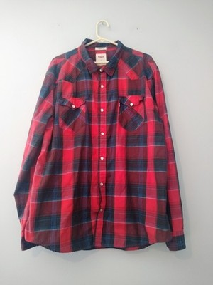 Levi's Western Cut Shirt XXL Red Blue Buffalo Plaid Pearl Snap Pockets Cowboy 