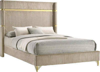 Lucia Wingback Queen Bed with Gold Trim & Fluted Upholstery - Beige