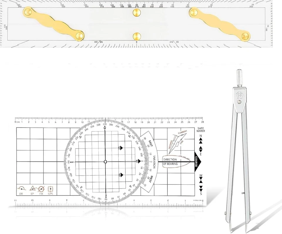 Herramientas de navegación marina duraderas: regla paralela, transportador náutico y divisores Foto 3 de 4