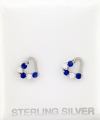 LAB-CREATED BLUE & WHITE SAPPHIRE HEART STUD EARRINGS .925 SILVER - Screw Backs