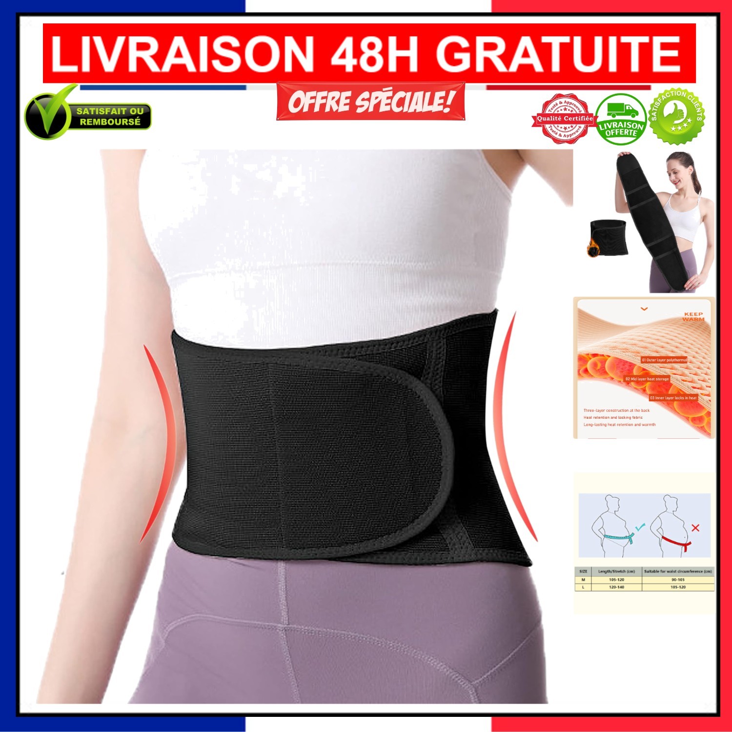 Ceinture post accouchement USUN à compression double bande pour soutien lombaire Taille L
