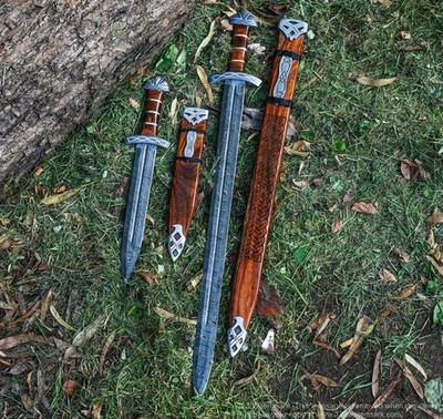 Viking Northmen Damascus Sword Combo W Engraved Wooden Scabbards Christmas Gifts