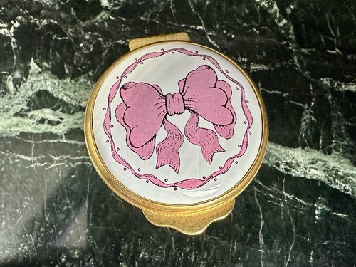 Vintage Alastor Enamels Pink Ribbon New Baby Girl Enamel Pill Box 1 In. Tall - Picture 2 of 10