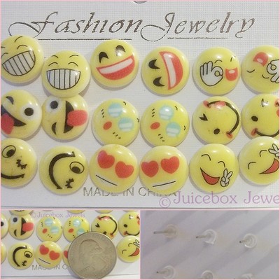 9 Pairs Card EMOJI Stud Smiley Face Emoticon 14 mm Pierced Fun Earrings A57     