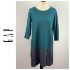 GAP Gray Green Striped Long Sleeve Scoop Neck Dress Exposed Zipper Size Large