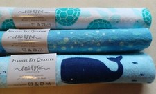 set of 3 coordinating flannel fat quarters with cute ocean/sea life theme - blue