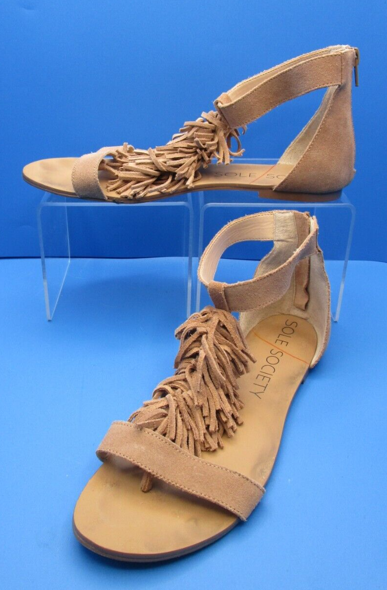 SAOLA SANDALI SOLE SOCIETY marroni scamosciati frange gladiatore cerniera posteriore taglia US 9 EU 39