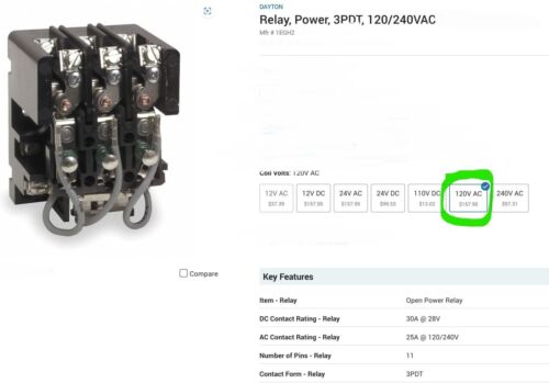 11 Pin Power Relay, 3PDT, 120/240VAC (Amps Resistive 25, Inductive 10) New