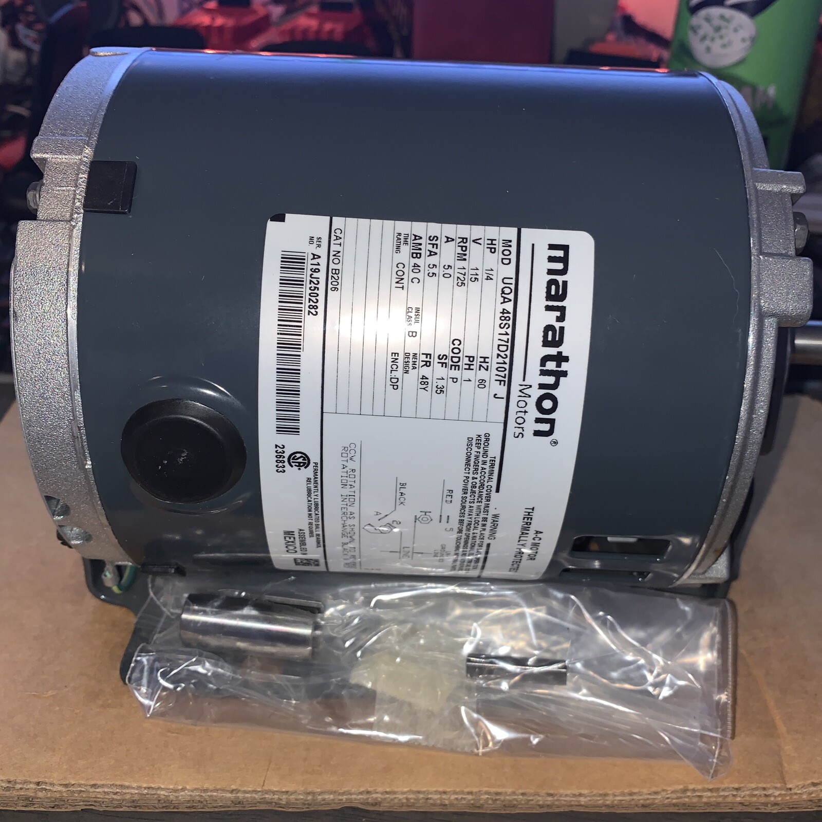 MARATHON B206 1/4 HP 1725 RPM 115 VoltMOTOR 48Y FRAME WQA 48S17D2107F J