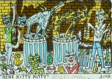 James Rizzi HERE KITTY KITTY 2002 Hand Signed 3D Cat Serigraph Framed Pop Art