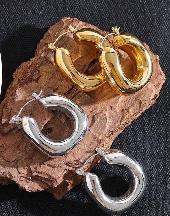 Hoop Earrings Round THICK TUBE Women Jewelry Silver Gold Plated Sterling Steel-image