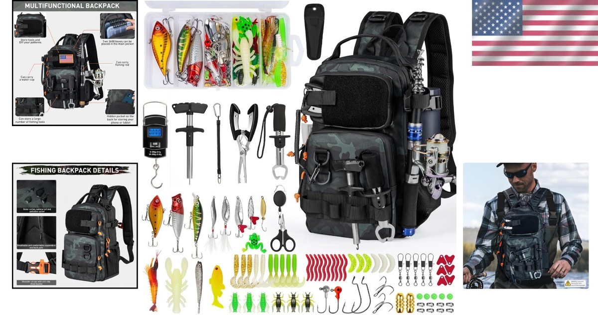 Comprehensive Fishing Tool Kit: Camo Backpack with Lures & Pliers