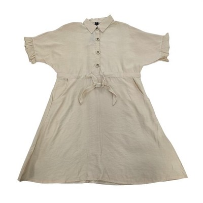 Sacred Threads Beige Linen Blend Button Front Tie Waist Midi Dress OS