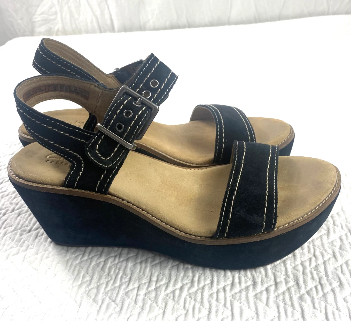 Scarpe Clarks donna misura 8 5 nere scamosciate zeppa plateau sandali fibbia comode