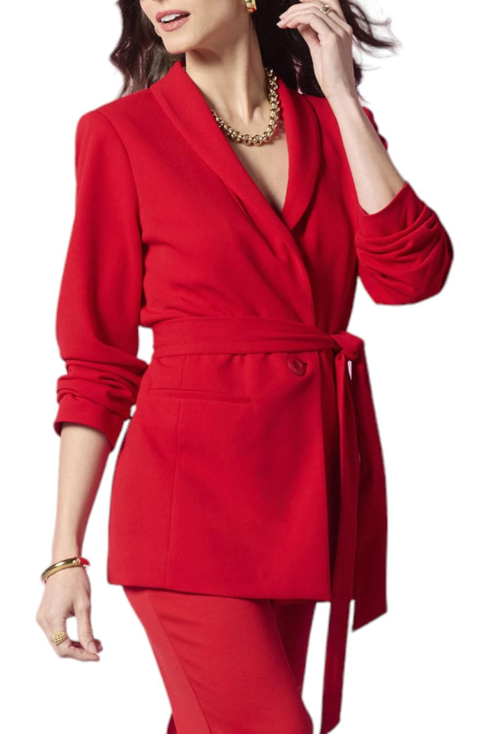 IMAN Global Chic Belted Crepe Knit Blazer Cherry Red