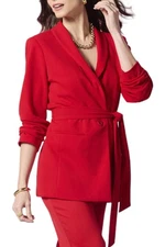 IMAN Global Chic Belted Crepe Knit Blazer Cherry Red