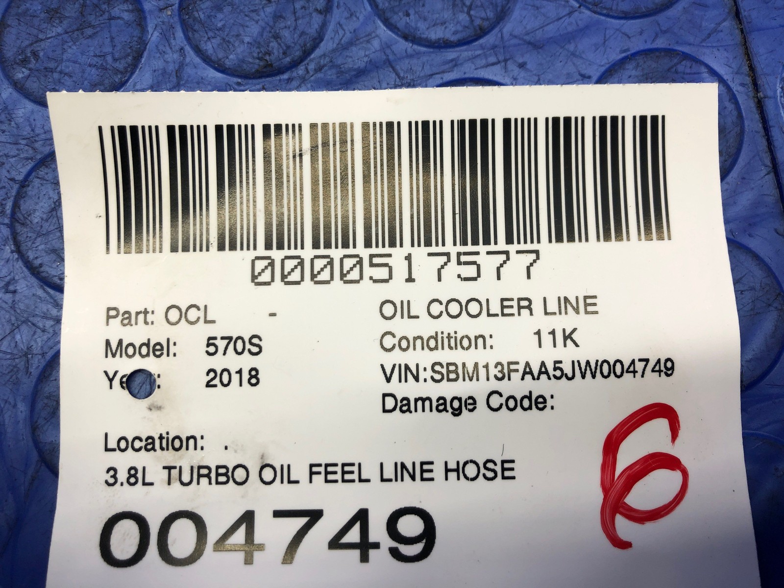 2016-2021 MCLAREN 570S OEM 3.8L TURBO OIL FEEL LINE HOSE PIPE 13F0756CP