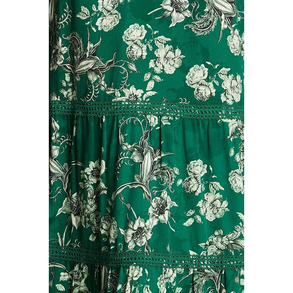Vestido midi Alice+Olivia verde floral en capas manga larga cuello atado talla S Foto 3 de 4