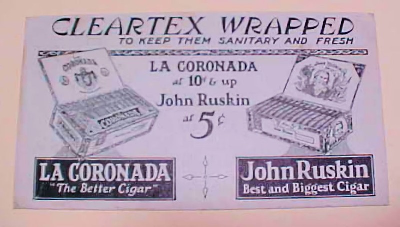 US JOHN RUSKIN ,LA CORONADA BIGGER CIGAR AD COVER CLEARTEX WRAPPED
