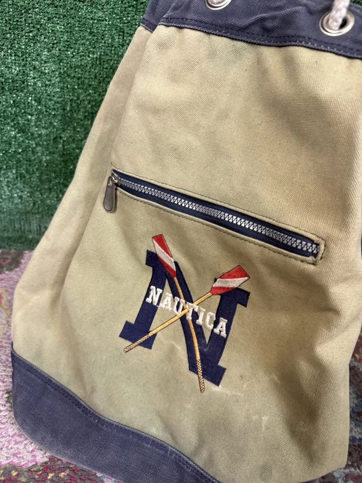 复古 NAUTICA 绿色蓝色重型帆布拉绳水手海员吊袋 — 第 2/4 张图片