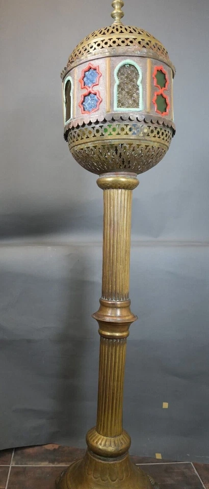 Antique Islamic Filigree Brass Floor Lamp Ornate Pierced Dome 62" Tall 1930s - Image 3 of 4