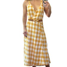 Reformation Beverly Juene Linen Wrap Mini Dress - Yellow Gingham Check Size S