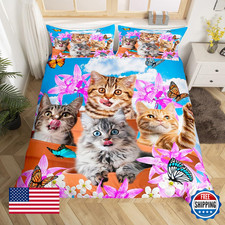 Feelyou Kids Cute Cat Comforter Cover Cartoon Pet Cats Kittens Bedding Set Cat