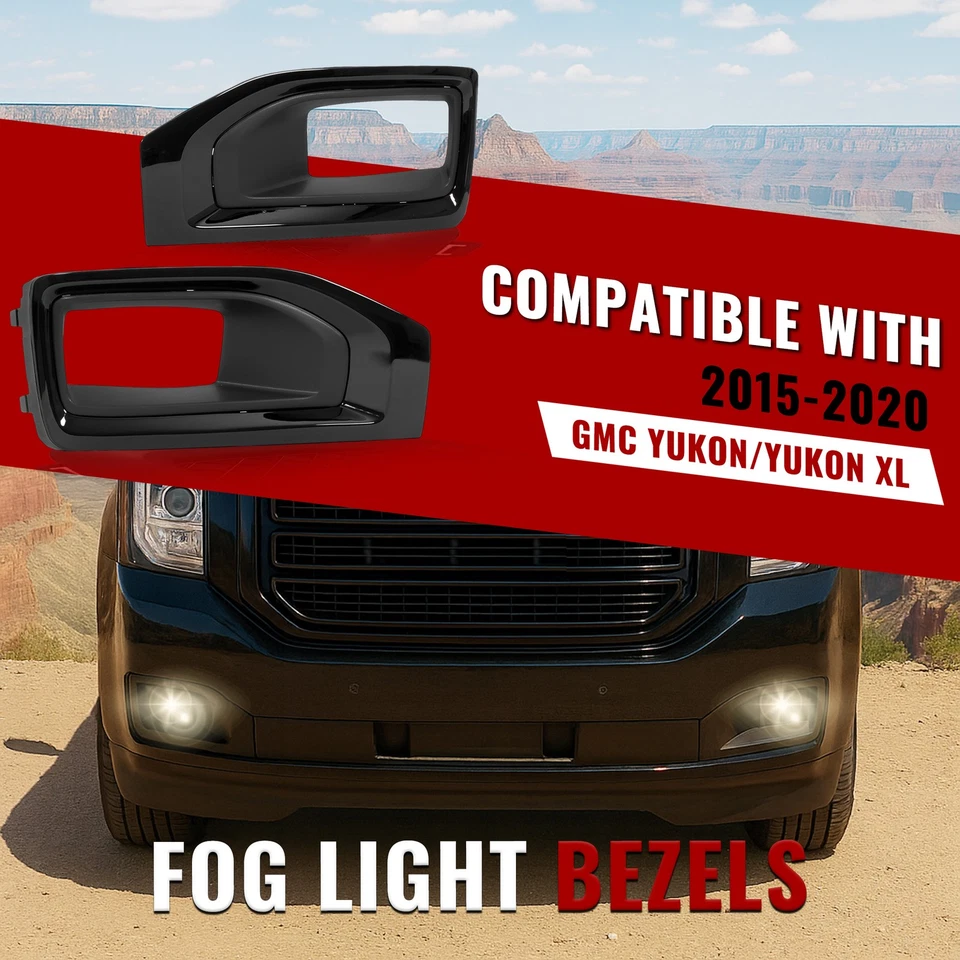 Par para GMC Yukon / Yukon XL 2015-2020 negro brillante luz antiniebla bisel cubierta embellecedor Foto 2 de 4