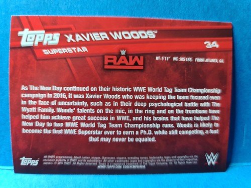XAVIER WOODS🏆2017 WWE RAW Topps #34 Wrestling Card 🏆FREE POST - Imagen 2 de 2