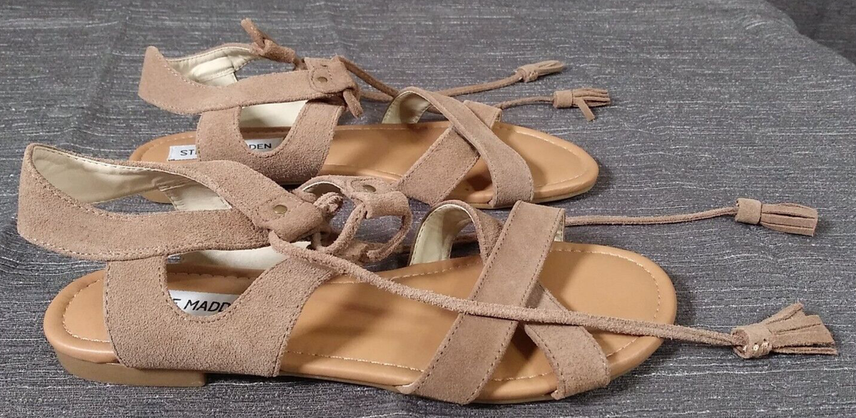 Steve Madden Sandals Tan Darlynn Suede Strappy Flat Fringe